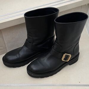 Stuart Weitzman Black Boots with Gold Buckle